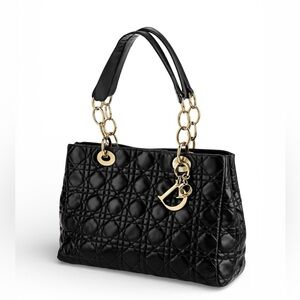 Dior Cannage Black Quilted Leather Tote with Gold Chain Accents